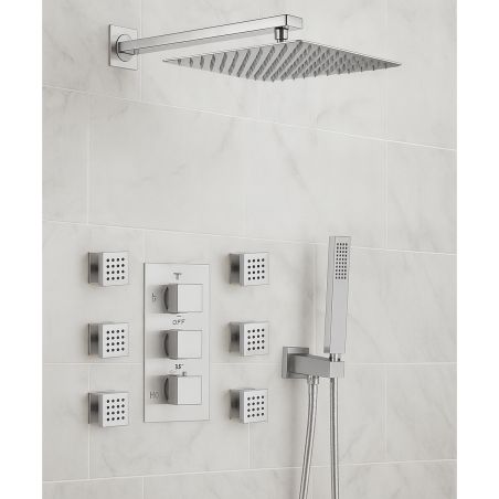 Duschsystem mit Thermostat, 6 Massagedüsen, wandbündige Montage, Messing, Chrom, Vento