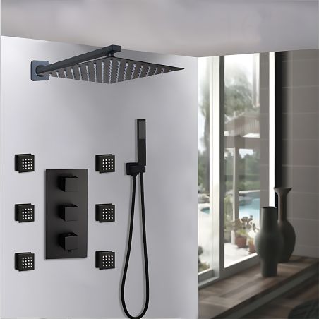 Duschsystem mit Thermostat, 6 Massagedüsen, wandbündige Montage, Messing, Schwarz, Vento