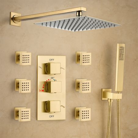 Duschsystem mit Thermostat, 6 Massagedüsen, wandbündige Montage, Messing, Mattgold, Vento