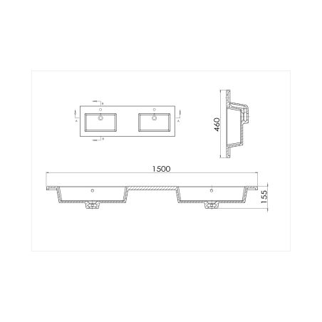 Doppelwaschbecken Paola, Weiß Carrara Arabescato Finish, Mineralkomposit, Halb-Einbaumontage, 2 Armaturenlöchern, 150x46 cm