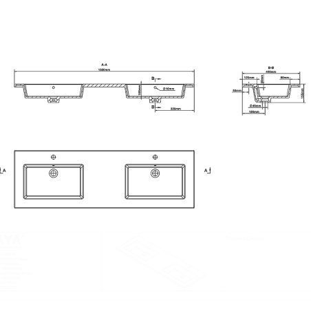 Doppelwaschbecken Paola, Weiß Carrara Arabescato Finish, Mineralkomposit, Halb-Einbaumontage, 2 Armaturenlöchern, 150x46 cm