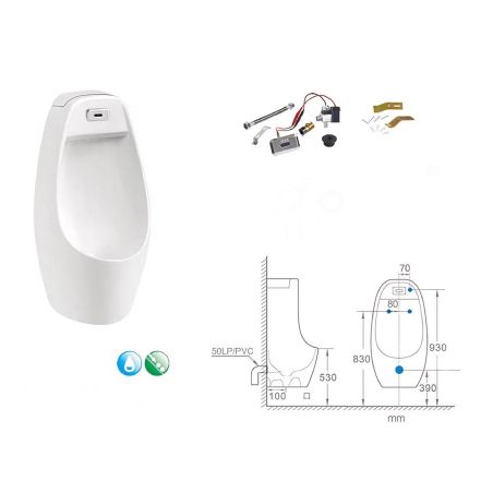 Urinal mit integriertem Sensor, Wand- oder Bodenablauf, 34x29x68 cm, Glänzend Weiß, Lucente