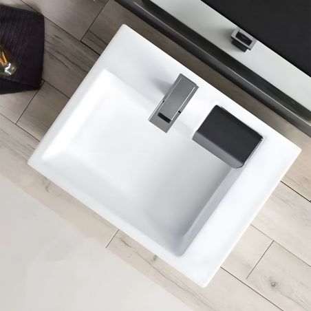 Waschbecken Fiorenzo, Sanitärkeramik, 66x45 cm, Hahnloch, versteckter chromfarbener Abfluss, Aufsatz- oder Wandmontage