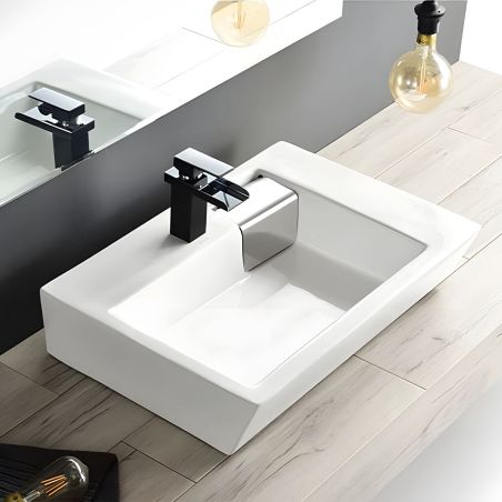 Waschbecken Fiorenzo, Sanitärkeramik, 66x45 cm, Hahnloch, versteckter chromfarbener Abfluss, Aufsatz- oder Wandmontage