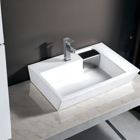 Waschbecken Fiorenzo, Sanitärkeramik, 67x45 cm, Hahnloch, versteckter chromfarbener Abfluss, Aufsatz- oder Wandmontage