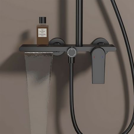Duschsystem, Wasserfall-Badewannenauslauf, 3 Funktionen, Ablage, Wandmontage, Mattschwarz, Divina