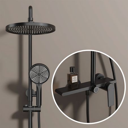 Duschsystem, Wasserfall-Badewannenauslauf, 3 Funktionen, Ablage, Wandmontage, Mattschwarz, Divina