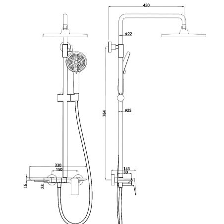 Duschsystem, Wasserfall-Badewannenauslauf, 3 Funktionen, Ablage, Wandmontage, Mattgold, Divina