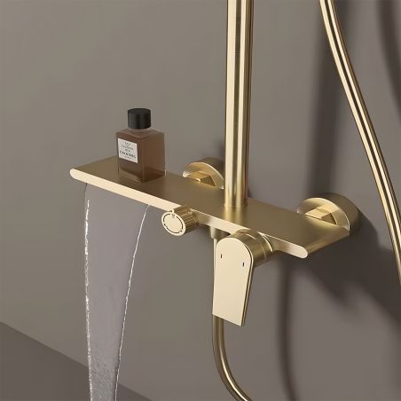 Duschsystem, Wasserfall-Badewannenauslauf, 3 Funktionen, Ablage, Wandmontage, Mattgold, Divina