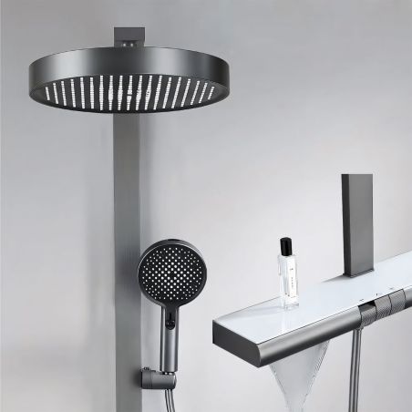 Duschsystem, Piano-Keys-Armatur, Ablage, Wasserfall-Badewannenauslauf, 3 Funktionen, Chrom, Vivo