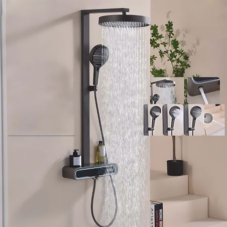 Duschsystem mit Thermostat, LED-Temperaturanzeige, Ablage, 3 Funktionen, Gun Grey, Prisma Duschsystem mit Thermostat, LED-Temperaturanzeige, Ablage, 3 Funktionen, Gun Grey, Prisma