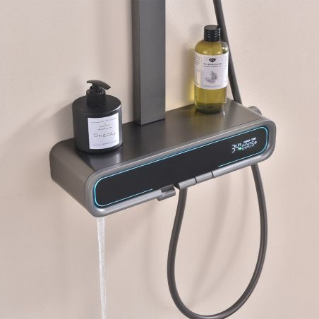 Duschsystem mit Thermostat, LED-Temperaturanzeige, Ablage, 3 Funktionen, Gun Grey, Prisma Duschsystem mit Thermostat, LED-Temperaturanzeige, Ablage, 3 Funktionen, Gun Grey, Prisma