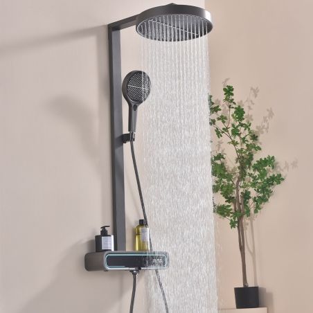 Duschsystem mit Thermostat, LED-Temperaturanzeige, Ablage, 3 Funktionen, Gun Grey, Prisma Duschsystem mit Thermostat, LED-Temperaturanzeige, Ablage, 3 Funktionen, Gun Grey, Prisma