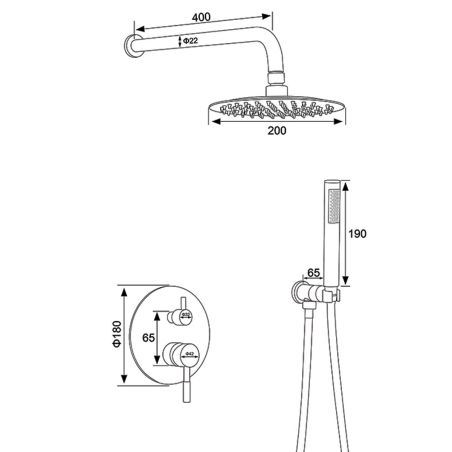 Duschsystem, Mattschwarz, 2 Funktionen, Stahl, Einbau-Einhebelarmatur, Fino