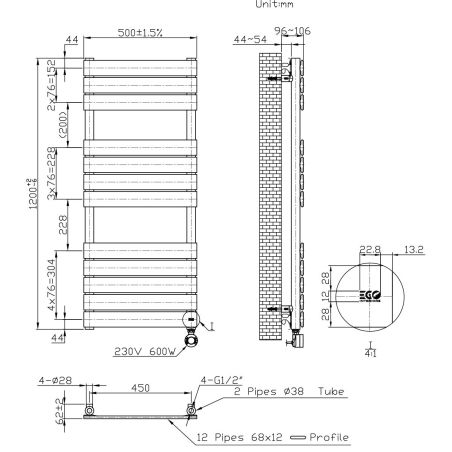 Elektrischer Heizkörper mit LCD-Thermostat, Wochenprogrammierung, Timer, Handtuchhalter, 120-140-160x50 cm, Anthrazit, Nadir