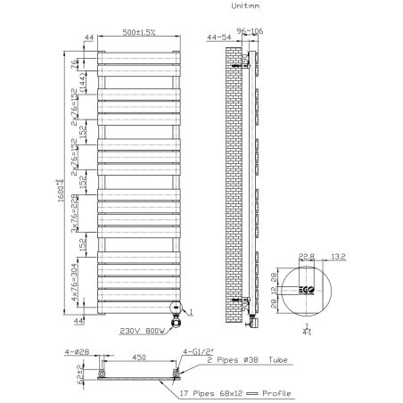 Elektrischer Heizkörper mit LCD-Thermostat, Wochenprogrammierung, Timer, Handtuchhalter, 120-140-160x50 cm, Anthrazit, Nadir