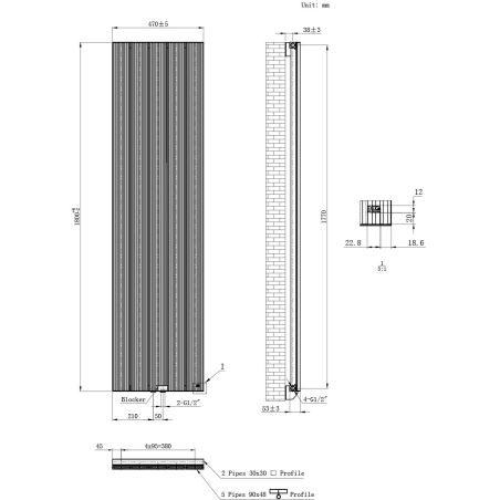 Vertikalheizkörper aus Aluminium 180x47 cm, 978 W, 5 Elemente, Weiß, Armonico