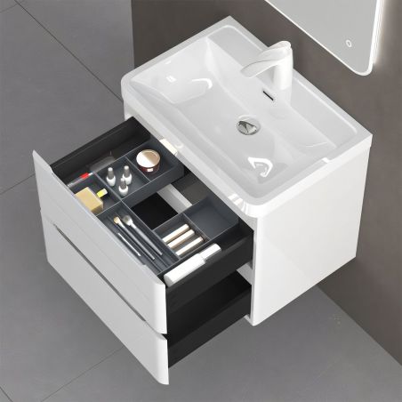 Badezimmermöbel aus MDF mit Mineralguss-Waschbecken, Schubladentrennern, Soft-Close-System, 60x42x55 cm, glänzend Weiß, Verona