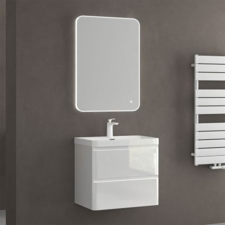 Badezimmermöbel aus MDF mit Mineralguss-Waschbecken, Schubladentrennern, Soft-Close-System, 60x42x55 cm, glänzend Weiß, Verona