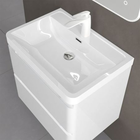 Badezimmermöbel aus MDF mit Mineralguss-Waschbecken, Schubladentrennern, Soft-Close-System, 60x42x55 cm, glänzend Weiß, Verona