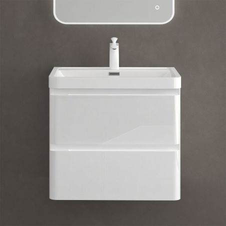 Badezimmermöbel aus MDF mit Mineralguss-Waschbecken, Schubladentrennern, Soft-Close-System, 60x42x55 cm, glänzend Weiß, Verona