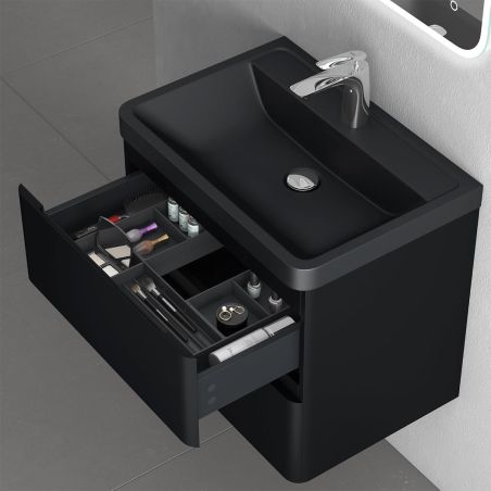 Badezimmermöbel aus MDF mit Mineralguss-Waschbecken, Schubladentrennern, Soft-Close-System, 60x42x55 cm, Mattschwarz, Verona