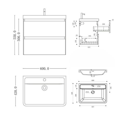 Badezimmermöbel aus MDF mit Mineralguss-Waschbecken, Schubladentrennern, Soft-Close-System, 60x42x55 cm, glänzend Weiß, Verona