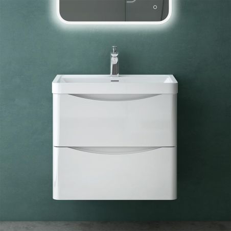 Badezimmermöbel, lackiertes MDF, Komposit-Waschbecken, Schubladentrenner, Soft-Close, 60/90 cm, Weiß Hochglanz, Trieste