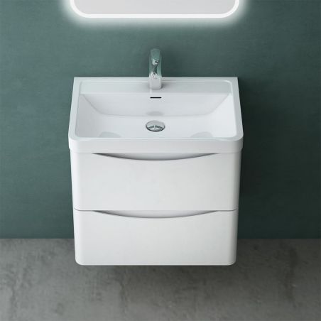 Badezimmermöbel, lackiertes MDF, Komposit-Waschbecken, Schubladentrenner, Soft-Close, 60/90 cm, Weiß Hochglanz, Trieste