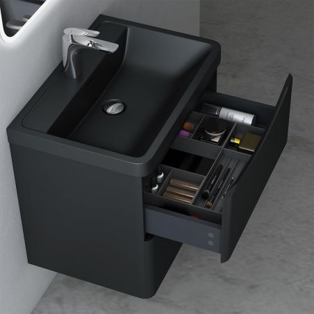 Badezimmermöbel, MDF mit Mineralguss-Waschbecken, Schubladentrennern, Soft-Close-System, 60 oder 90 cm, Mattschwarz, Trieste