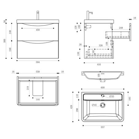 Badezimmermöbel, MDF mit Mineralguss-Waschbecken, Schubladentrennern, Soft-Close-System, 60 oder 90 cm, Mattschwarz, Trieste