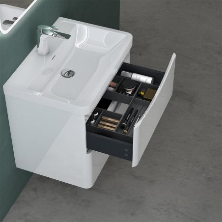 Badezimmermöbel, lackiertes MDF, Komposit-Waschbecken, Schubladentrenner, Soft-Close, 60/90 cm, Weiß Hochglanz, Trieste