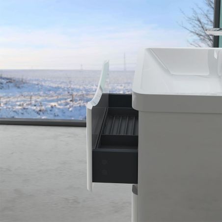 Badezimmermöbel, lackiertes MDF, Komposit-Waschbecken, Schubladentrenner, Soft-Close, 60/90 cm, Weiß Hochglanz, Trieste