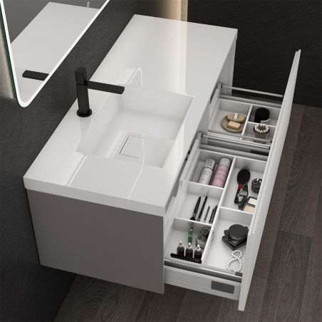 Badezimmermöbel aus MDF mit Mineralguss-Waschbecken, Schubladentrennern, Soft-Close-System, 120x46x49 cm, Mattweiß, Evo