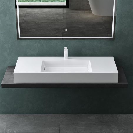 Waschbecken EGO 12, Weiß, 120x48 cm, Marmorkomposit, Aufsatz- oder Wandmontage, verdeckter Ablauf