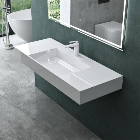 Waschbecken EGO 12, Weiß, 120x48 cm, Marmorkomposit, Aufsatz- oder Wandmontage, verdeckter Ablauf