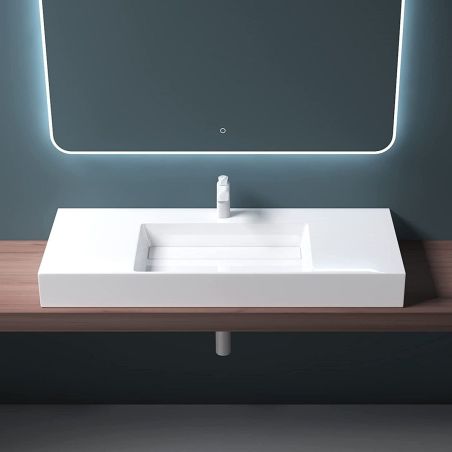 Waschbecken EGO 12, Weiß, 120x48 cm, Marmorkomposit, Aufsatz- oder Wandmontage, verdeckter Ablauf