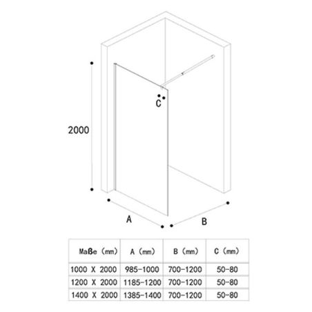 Walk-In Duschwand, Sicherheitsglas, komplett satiniert, 10 mm, Größen 100, 120, 140 cm, Lotus-Effekt, Sicilia