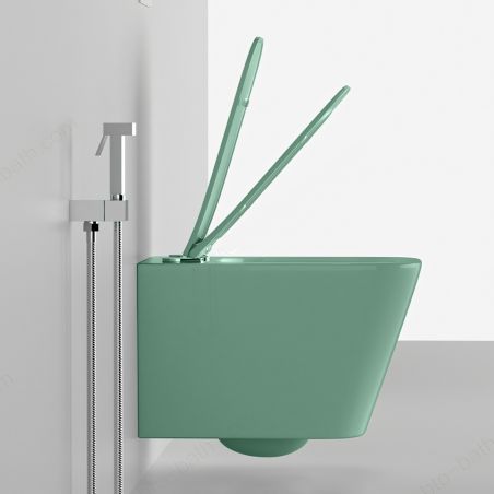 Toilettenschüssel, Rimless, Mintgrün Matt, Power Colour, Wandmontage, inkl. Slim-Duroplast-Sitz mit Soft-Close, Alfonso