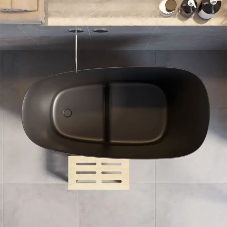 Japanische Badewanne, Mineralverbund, Mattschwarz, 120x58 cm, Wärmeisolierung, schwarzer Abfluss inklusive, Freistehend, Sakura