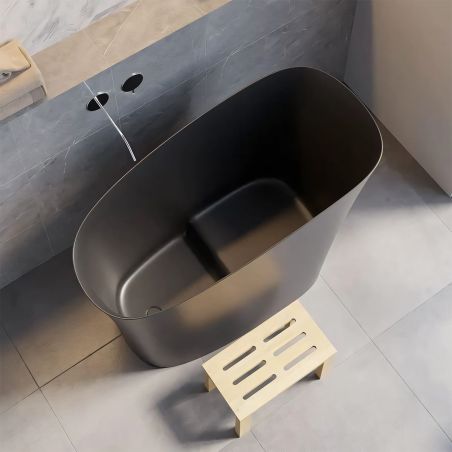 Japanische Badewanne, Mineralverbund, Mattschwarz, 120x58 cm, Wärmeisolierung, schwarzer Abfluss inklusive, Freistehend, Sakura