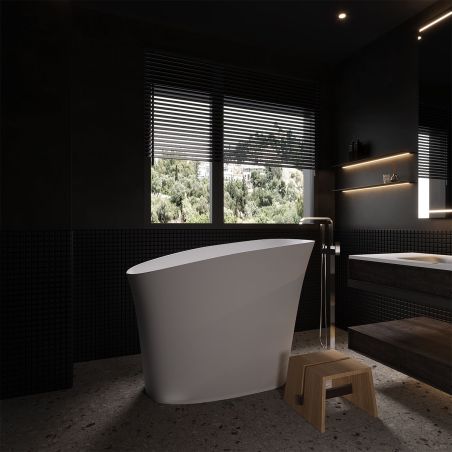 Japanische Badewanne, Mineralverbund, glänzend Weiß, 120x58 cm, Wärmeisolierung, weißes Ablauf inklusive, Freistehend, Sakura