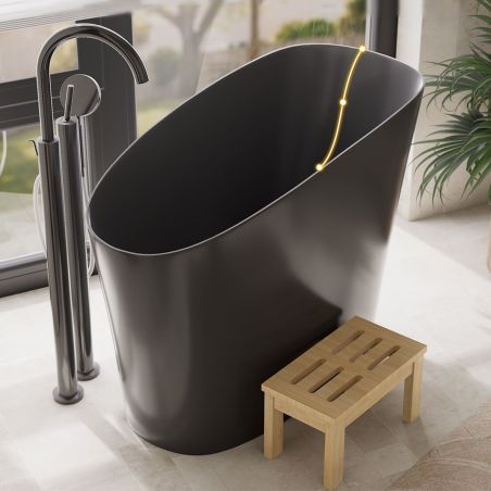 Japanische Badewanne, Mineralverbund, Mattschwarz, 120x58 cm, Wärmeisolierung, schwarzer Abfluss inklusive, Freistehend, Sakura