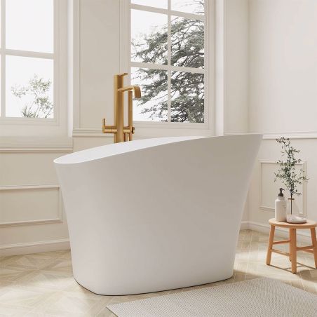 Japanische Badewanne, Mineralverbund, glänzend Weiß, 120x58 cm, Wärmeisolierung, weißes Ablauf inklusive, Freistehend, Sakura