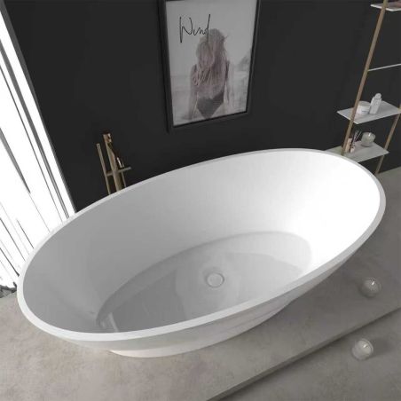 Badewanne, freistehend, Mineralverbund, Ablauf in Weiß inklusive, glänzend Weiß, 160x83 cm, Edena