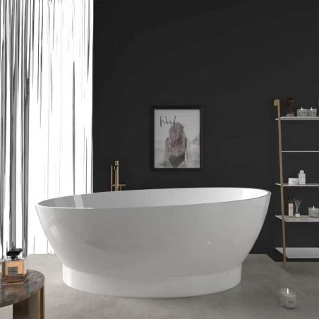 Badewanne, freistehend, Mineralverbund, Ablauf in Weiß inklusive, glänzend Weiß, 160x83 cm, Edena