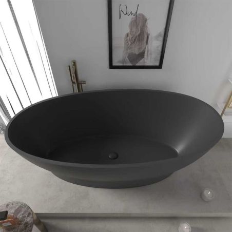 Badewanne, freistehend, Mineralverbund, Ablauf in Schwarz inklusive, Mattschwarz, 160x83 cm, Edena