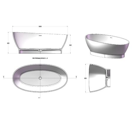 Badewanne, freistehend, Mineralverbund, Ablauf inklusive, Matte Anthracite, 160x83 cm, Edena