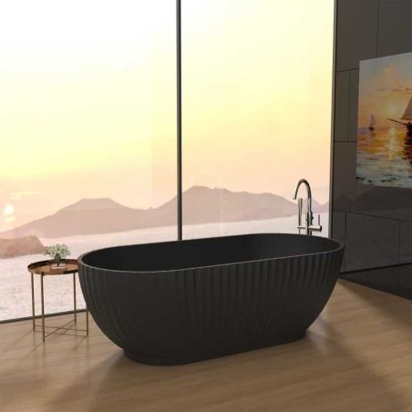 Badewanne, freistehend, Mineralverbund, Ablauf in Schwarz inklusive, Mattschwarz, 170x80 cm, Bali