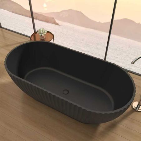 Badewanne, freistehend, Mineralverbund, Ablauf in Schwarz inklusive, Mattschwarz, 170x80 cm, Bali